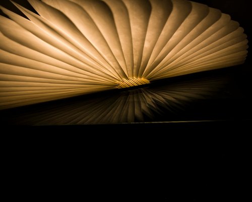 Close up of a desk lamp shedding light on an open notebook